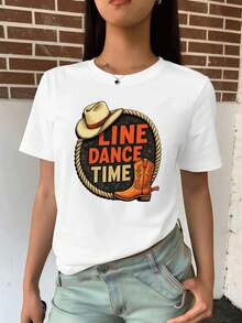 Camiseta gráfica de baile de línea de vaquera, tela premium, dise?o gráfico, casual, transpirable, nueva llegada - Blanco - Ver 2