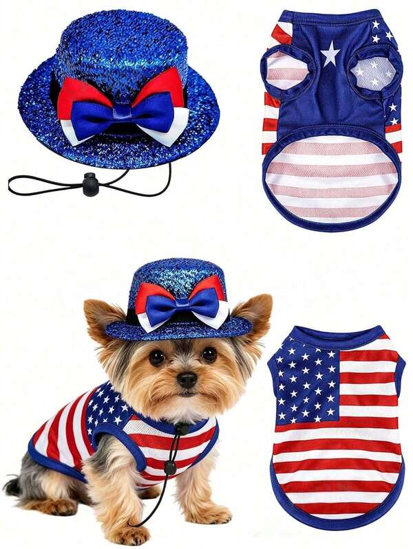 2pcs/SET American Flag Style Dog Vest: Perfect For July 4th Dog Shirt, Ideal For Daily Wear Vest, Independence Day Celebration, Crafted With Quality Materials For Cute And Fashionable Look, July 4th Hat.
