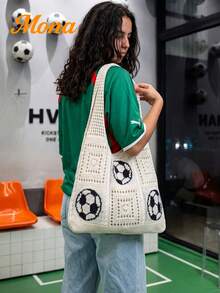 Bolso tote de diseño minimalista con tejido de crochet hueco, de gran capacidad y portátil, adecuado para adolescentes, mujeres, estudiantes universitarios, oficinistas, ideal para vacacione - Albaricoque 4 - Ver 2
