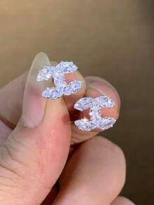 1對奢華雙C高階優雅百搭極簡小巧可愛耳釘 - 銀色 - 查看 2