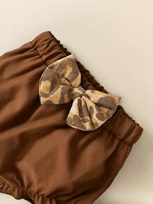 Spring/Summer Baby Girl 2pcs Set, Dark Brown Leopard Print Camisole Top + Black Bow Knotted Diaper Cover - Camel - View 5