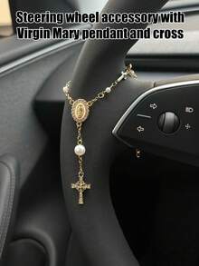 Universal Car Rearview Mirror Rosary (With Pendant) And Cross Evil Eye Rearview Mirror Hanging Ornament, Gold Car Rearview Mirror Metal Medal And Cross Pendant, Cross Bracelet, Virgin Mary Bracelet, Baptism Prayer Bracelet - A - View 7