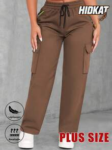 Hidkat Plus Size Women's Spring/Autumn Letter Print Cargo Pants With Drawstring Waist, Suitable For Casual Outdoor Wear Sports - Camel - View 3