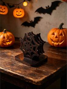1/4/6Pcs Wooden Halloween Spider Web Coasters With Base, Halloween Tabletop Decor, Multi Sizes Available - Halloween - View 5