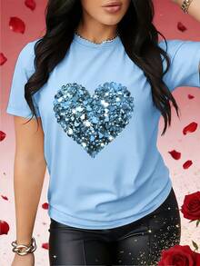 Valentine's Day Sweater With A Heart Print, Perfect For Spring And Fall. This Eye-Catching Short-Sleeved T-Shirt Is Suitable For Holidays, Dates, Parties, And Social Occasions. SCUY - Blue - View 1