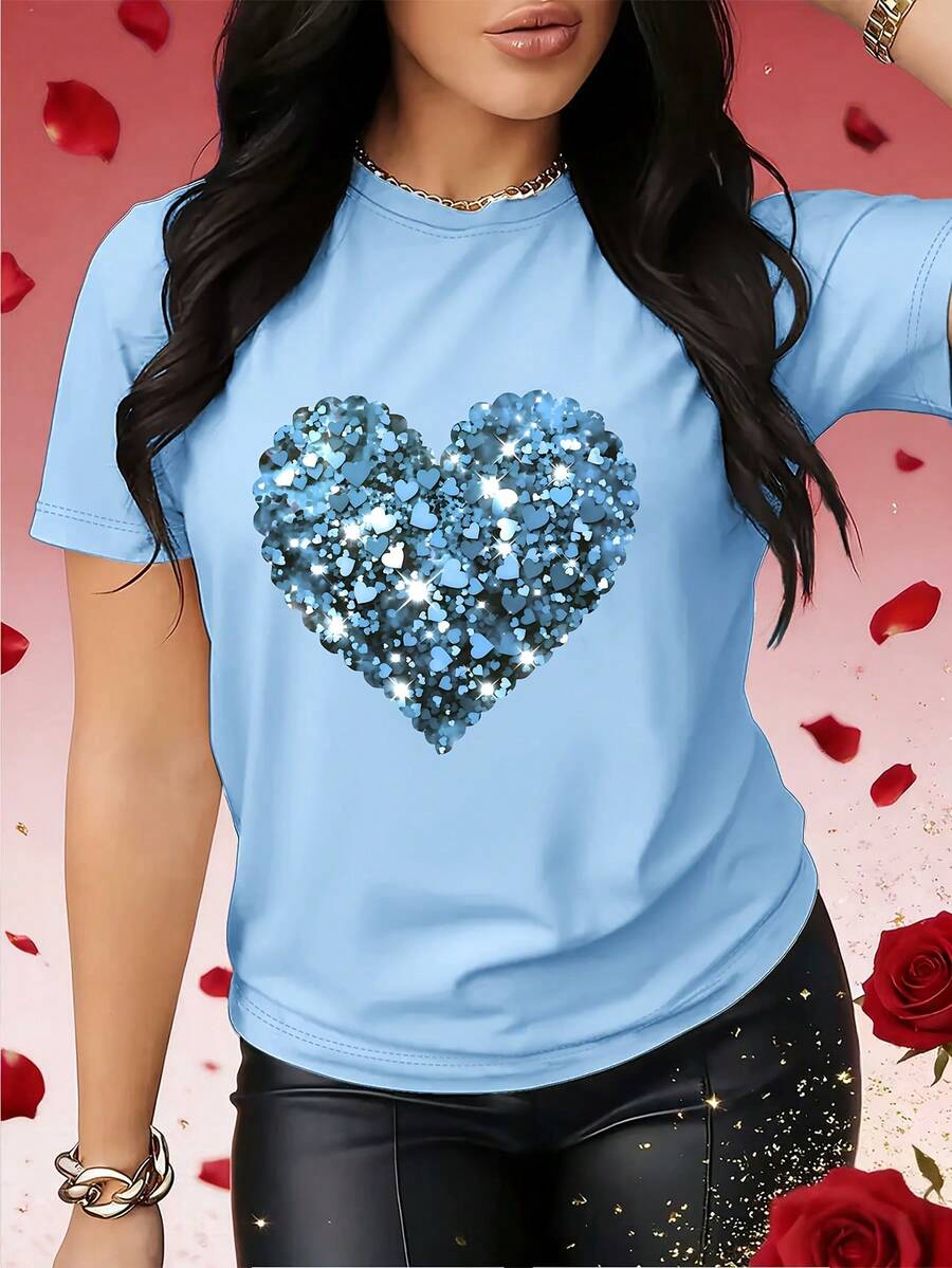 Valentine's Day Sweater With A Heart Print, Perfect For Spring And Fall. This Eye-Catching Short-Sleeved T-Shirt Is Suitable For Holidays, Dates, Parties, And Social Occasions. SCUY - Blue - View 1