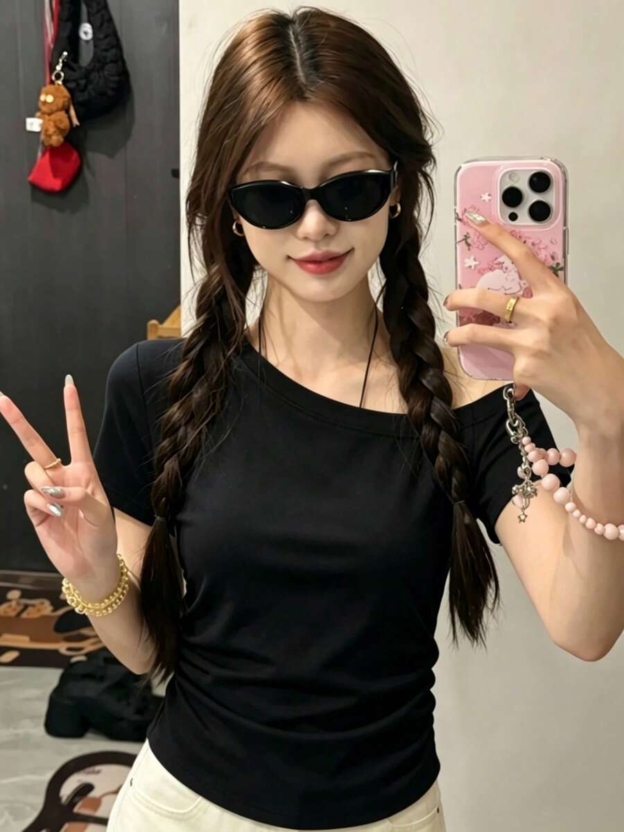 Women's Fashion Summer Casual Minimalist Versatile Asymmetrical Shoulder Short Sleeve T-Shirt Black - Black - View 1
