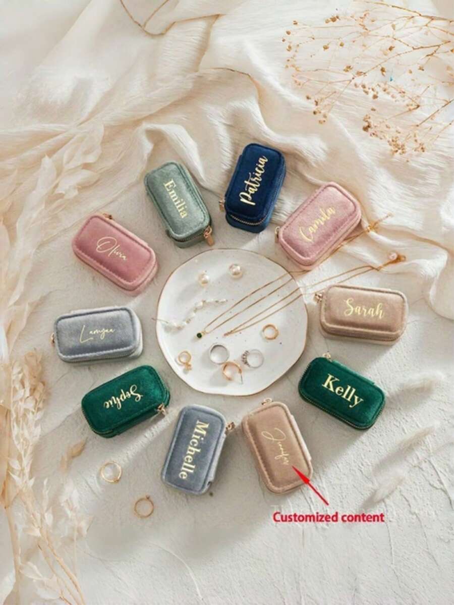 Personalized Custom Name Embroidered Velvet Mini Jewelry Box, Portable Zipper Ring & Earring Storage Box, Custom Gift Jewelry Organizer, Suitable For Wedding, Birthday, Valentine's Day Holiday Surprise Gift - Multicolor - View 1