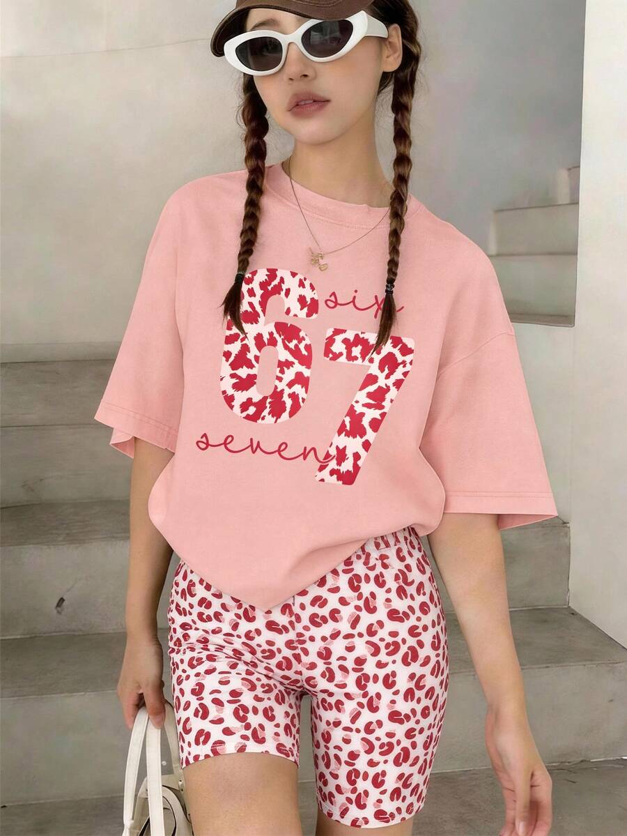 Big Kids Set This Pink Casual Round Neck T-Shirt Paired With All-Over Pink Leopard Print Shorts, Decorated With Unique And Creative Pink Leopard Print 67 Pattern. - Pink - View 1