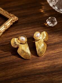 1 Pair Elegant French Style Stainless Steel Gold-Plated Stud Earrings, Thickened Design Anti-Fading, Low-Allergy, Non-Fading, Comfortable, Vintage Design, Suitable For Daily Wear And Parties, Valentine's Day Gift, Perfect All-Season Accessory For Girls - Gold - View 3