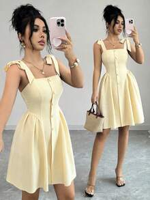Nuevo vestido corto elegante y versátil para mujeres con tirantes de hombro anudados, textura de tejido de dos tonos y ajuste ceñido para uso diario - amarillo ganso - Ver 2