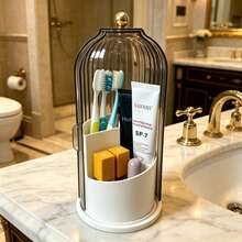 Makeup Brush Holder Organizer With Lid,360 Rotating Dustproof ABS Storage Caddy,3 Slots Sliding Lid Toothbrush Holder With Non-Slip Base,Multi-Use Space-Saving Organizer For Makeup Brushes Toothpaste,Perfect For Vanity Bathroom Home Dorm Apartment - 灰色 - 查看 5