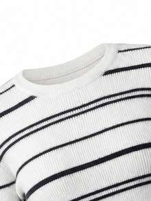 Women's Round Neck Pullover Fuzzy Knit Sweater Top, Striped Base Layer/Outerwear For Autumn/Winter - Black and White - View 8