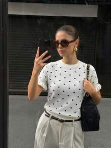 女款夏季休閒優雅黑白波點圓領短袖針織套頭上衣，附荷葉邊設計 - 黑與白 - 查看 9