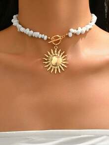 collar de cuentas de piedra natural hecho mano, colgante de concha marina de metal estilo boho la moda, adecuado para uso diario, vacaciones en la playa y citas. - Multicolor 4 - Ver 8