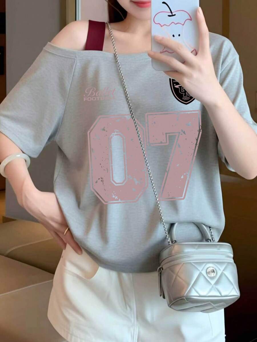 White One Shoulder Short Sleeve T-Shirt Women, Women's One Shoulder Slimming Daily Commute Versatile Base Layer Casual Summer - Light Grey - View 1