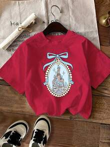 100% Cotton Unisex Short-Sleeved T-Shirt, 100% Cotton, With Round Neck And Blue Bow, Castle Print With Mirror, Artistic Letter Print, Fashionable Short-Sleeved T-Shirt, Ca - 紅色 - 查看 1