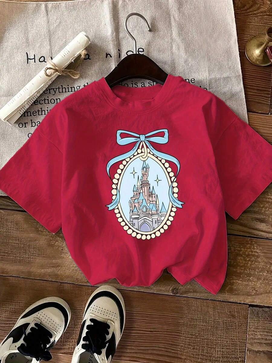 100% Cotton Unisex Short-Sleeved T-Shirt, 100% Cotton, With Round Neck And Blue Bow, Castle Print With Mirror, Artistic Letter Print, Fashionable Short-Sleeved T-Shirt, Ca - 紅色 - 查看 1