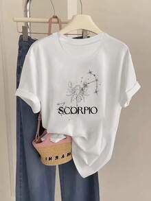 Camiseta de talla con estampado del signo zodiacal Escorpio,% algodón, de cuello redondo, está hecha de un tejido de color sólido, moderno y elegante.Está especialmente diseñp - Blanco - Ver 1