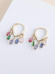 Par de Pendientes de Aro Pequeños de Lujo, Elegantes, Brillantes, Versátiles y de Alta Calidad, en Oro, Plata, Rosa, Coloridos, Melocotó, Forma de Gota de Agua y Corazó, conúltiples Ci - Multicolor - Ver 7