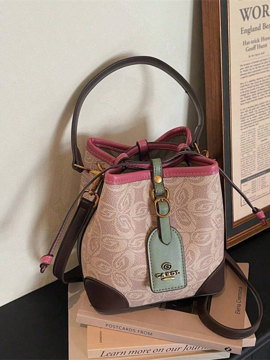Bolso de cubo con estampado de diseño de moda 2026, bolso de hombro cruzado elegante, color burdeos - Rojo - Ver 1