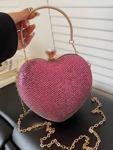 1 Buah Tas Clutch Malam Bentuk Hati Berkilau dengan Gesper Cincin Berlian Imitasi dan Tali Rantai Logam Tipis, Tas Selempang Pesta Pernikahan Gaya Gadis Manis dan Keren #HeartShapeEveningClutch #GlitterMiniBag #RhinestoneRingClasp #PartyCrossbodyPurse - Berwarna merah muda - View 4