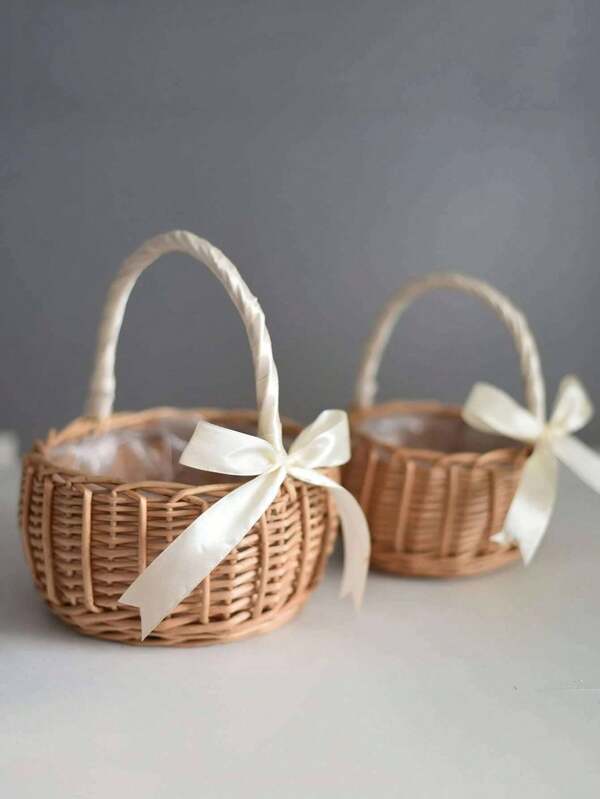 1pc Woven Rattan Wedding Flower Basket, Modern Bow Decor Flower Girl Basket, Suitable For Wedding, Christmas