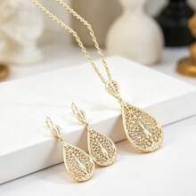 Juego de 3 piezas de joyería marroquí de moda, collar colgante floral hueco chapado en oro y pendientes colgantes en forma de lágrima, accesorios árabes a juego para mujer - Collar+pendientes - Ver 6