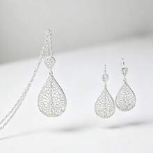 Juego de 3 piezas de joyería marroquí de moda, collar colgante floral hueco chapado en oro y pendientes colgantes en forma de lágrima, accesorios árabes a juego para mujer - Collar+pendientes - Ver 2