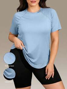 Plus Size Women Casual Sports T-Shirt, Round Neck, Curved Hem, Raglan Sleeve, Suitable For Summer Daily Wear - Blue - View 11