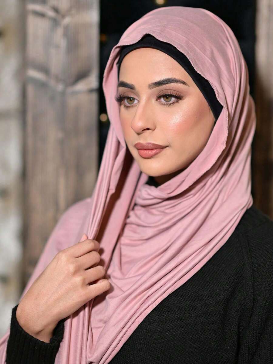1 Piece Of Solid Color Soft Jersey Hijab, Pure Long Scarf For Women. - 酒紅色 - 查看 1