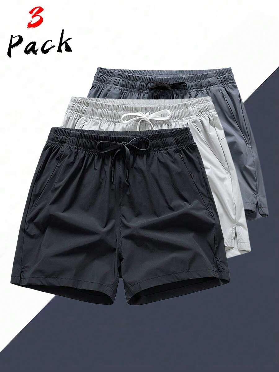 3pcs Men's Quick Dry Shorts, Lightweight Zipper Pockets, Suitable For Fitness Training And Daily Wear - Black - View 1