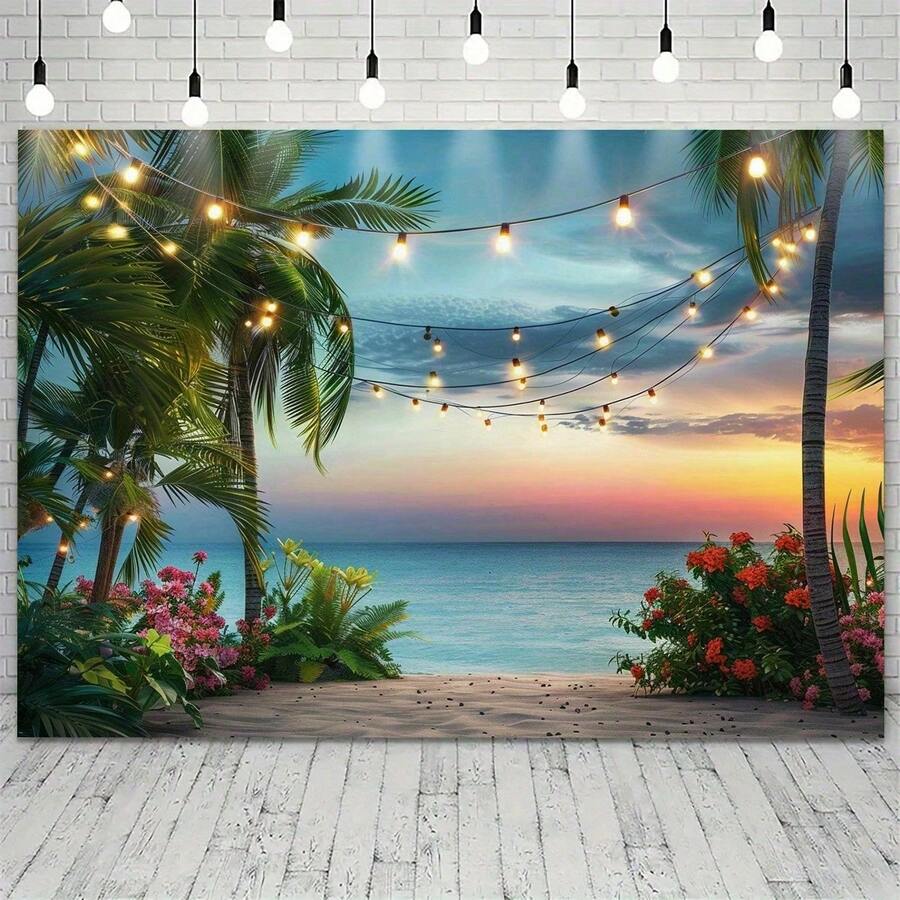 2D Flat BannerVibrant Hawaiian Beach Backdrop: Tropical Palm Flowers And Ocean View - Perfect Photo Prop, Instantly Creates A Summer Art Deco Vibe For All Celebrations