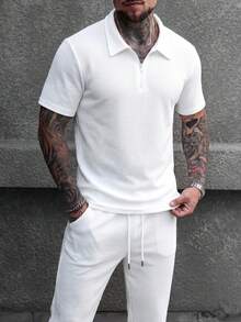 Men's Waffle Texture Turn-Down Collar Half-Zip Short Sleeve Polo & Drawstring Straight Leg Pants 2-Piece Set, Fashion Casual Everyday - White - View 2