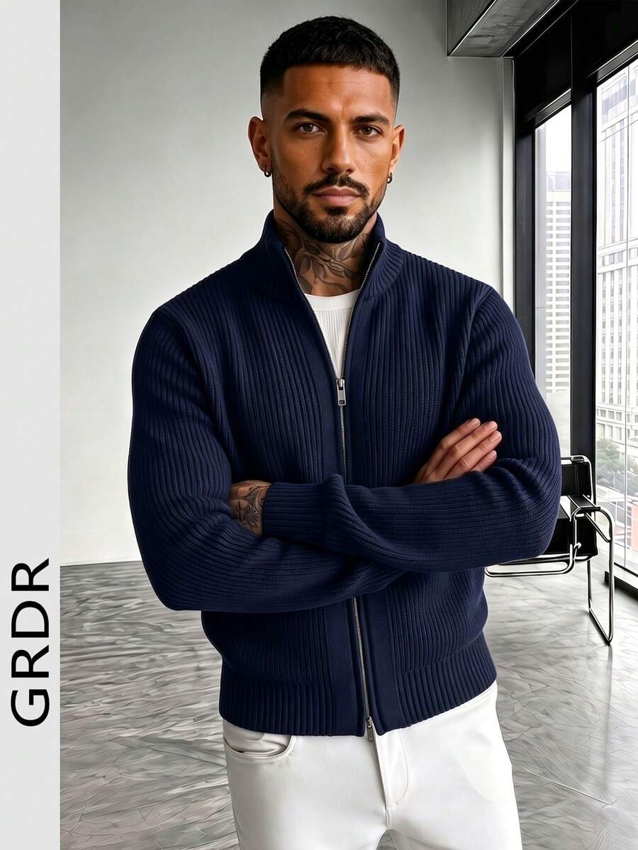GRDR Men's Crew Neck Long Sleeve Stand Collar Double-Breasted Cardigan Sweater, Versatile For Daily Wear