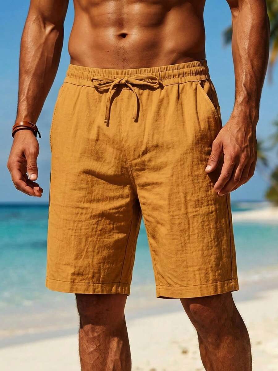 Celana Pendek Pria Musim Panas Tipis Linen Bernapas untuk Pantai Olahraga Warna Polos Longgar Serbaguna Kasual Liburan Panjang Selutut - Jeruk - View 1