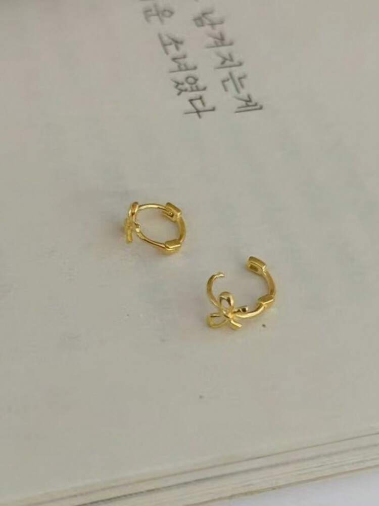 2件裝時尚蝴蝶結銅色耳鉤耳環，優雅極簡風女款與學生飾品 - 金色蝴蝶結 - 查看 5