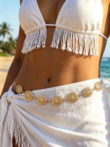 1pc Oversize Plus Size High Alloy Material Women's Belt Waist Chain, Bohemian Gold Daisy Edge Metal Textured Pants Chain Waist Chain, Matches Western Style Jeans, Beach, Vacation, Party, Plus Size XXL/XXXL - Gold - View 2