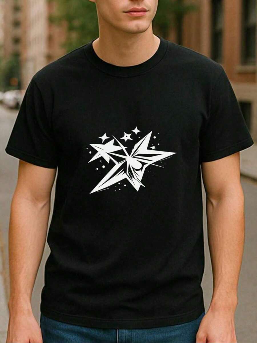 Oversized T-Shirt With Geometric Star Design, Short Sleeve, Round Neck, Streetwear, Casual, Urban Retro Style, Y2K Alternative - 黑色 - 查看 1