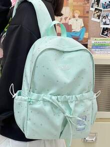 粉色星星印花抽繩後背包，韓系Ins溫柔風輕量學生書包，適合青少年返校日常通勤 - 多色 - 查看 9