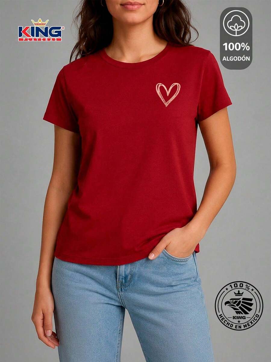 SHENDY VENDY Women's T-Shirt 100% Cotton, Short Sleeve, Round Neck, Soft And Comfortable T-Shirt, Minimalist Heart Print - 紅色 - 查看 1