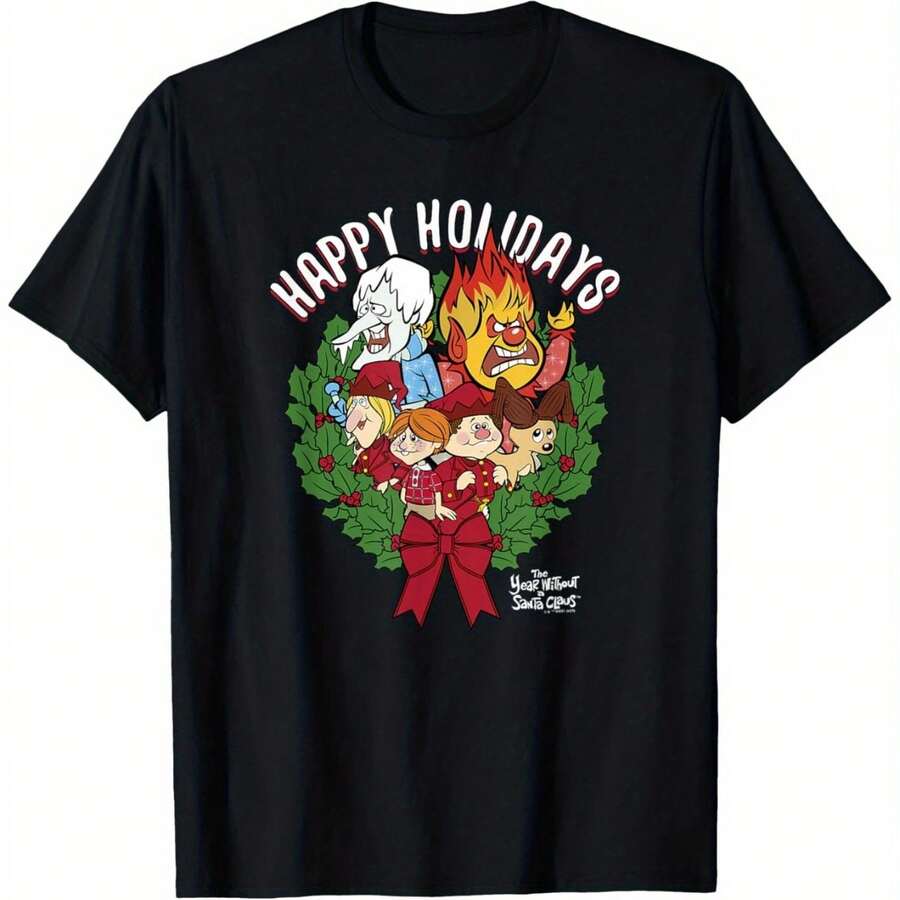 Festive Holiday Wreath Graphic T-Shirt - 100%, Black, Round Neck, Short Sleeve, Soft & Breathable Casual Top For Women, Moms & Friends - Perfect For B - Black - View 1