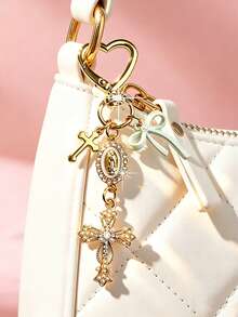 1pc Bow Cross Keychain, Decorated With Religious Love And Crystal Cross Pattern, Embedded With Virgin Mary Image, Embellished With Resin Beads And Rhinestones - Suitable For Keychains, Bag Charms, Cross Pendants, Wallets, Backpack Accessories, Earphone Case Accessories, Luggage And Car Keychains, Bag Charms, Chain Bag Pendants, Also An Excellent Choice For Mother's Day Gifts. - Multicolor - View 2
