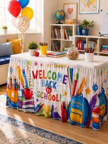 1pc Welcome Back To School Table Skirt, Colorful Polyester Rectangular Pleated Tablecloth With Pencil, Apple, Book And Backpack Print, Classroom Party Table Decor, Suitable For Teacher Welcome, First Day Of School And School Events - Multicolor - View 4