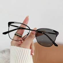 Modern Color-Changing  Glasses, Flat Metal Frame With A Fashionable Hollow Design, Retro Color-Changing Glasses. - Black Frame - View 1