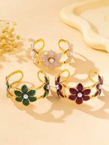 1pc Fashionable Colorful Enamel Geometric 3D Flower Open Cuff Bracelet, Acrylic Faux Pearl Accented Flower Center, Elegant Women's Floral Bracelet, Suitable For Vacation, Party, Banquet Wear - Flower Bracelet - View 2