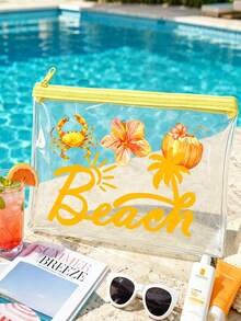 防水 PVC 海灘包，貝殼與海星「Beach」字母印花，PVC 化妝包，拉鍊式 PVC 旅行收納包，輕量耐褪色化妝盥洗包，適合女性與男性，TSA 認證便攜化妝收納盒，易清潔設計，適合母親、老師、朋友、護理師，學校假期度假必備盥洗包，母親節禮物，旅行必備，夏季必備 - 彩色 - 查看 2