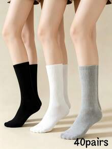 5 Pairs Men's White Mid-Calf Socks, Odor-Resistant, Sweat-Absorbent, Cotton, Skin-Friendly, Comfortable, Solid Color, Versatile, Business Black Long Socks, Spring Casual Student Sports Socks - Multicolor - View 21