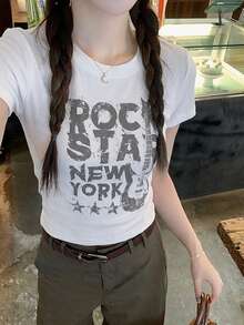 Printed Slim-Fit Versatile Short Sleeve T-Shirt Top For Women Casual White Summer - White - View 3