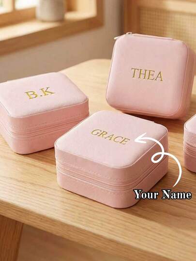 Personalized Gold Foil Initial Name Mini Square Jewelry Box, Lightweight Synthetic PU Leather Travel Storage Organizer Box, Mother's Jewelry Display Case